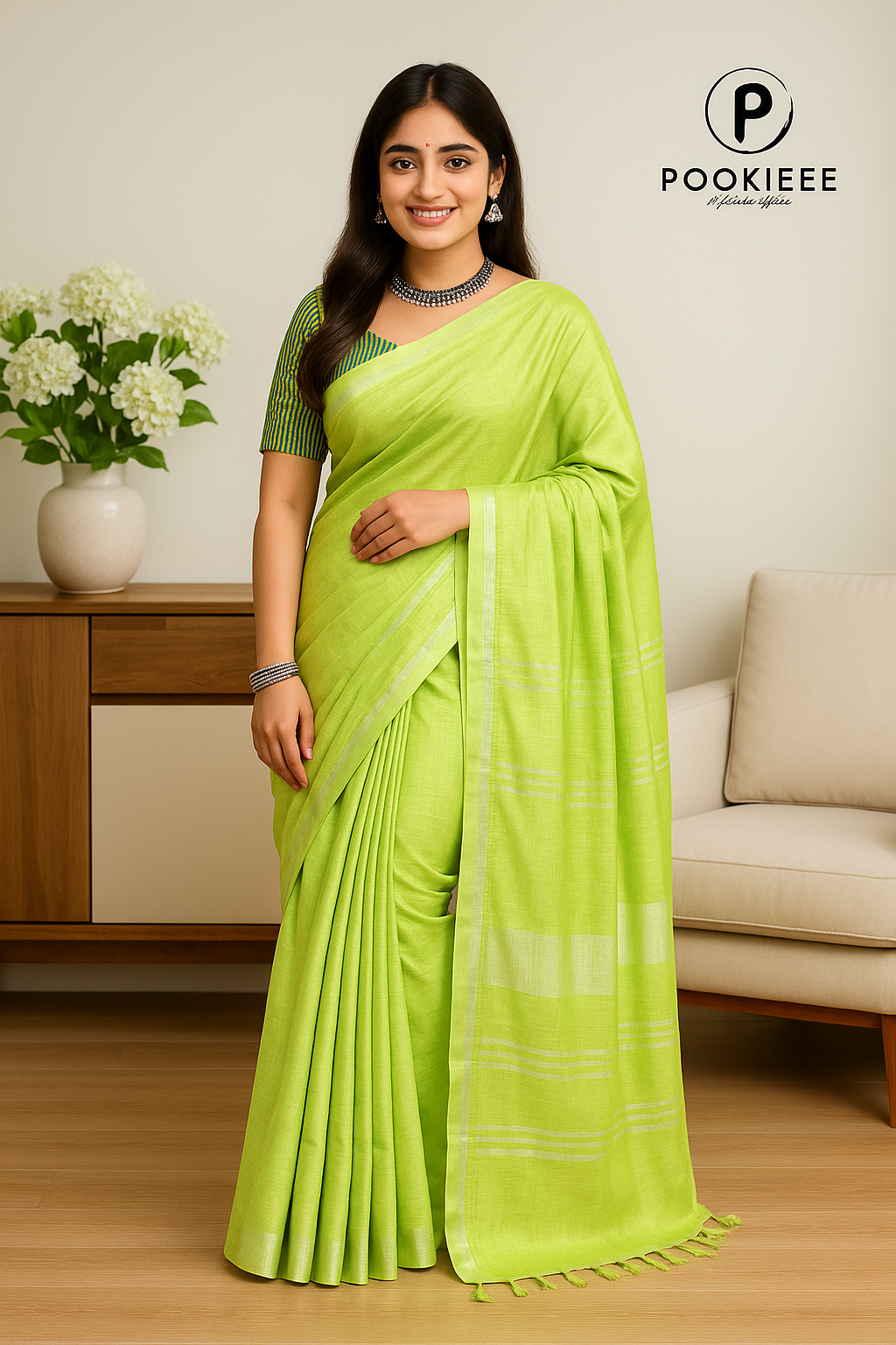 Plain Cotton Linen Saree with Blouse Piece